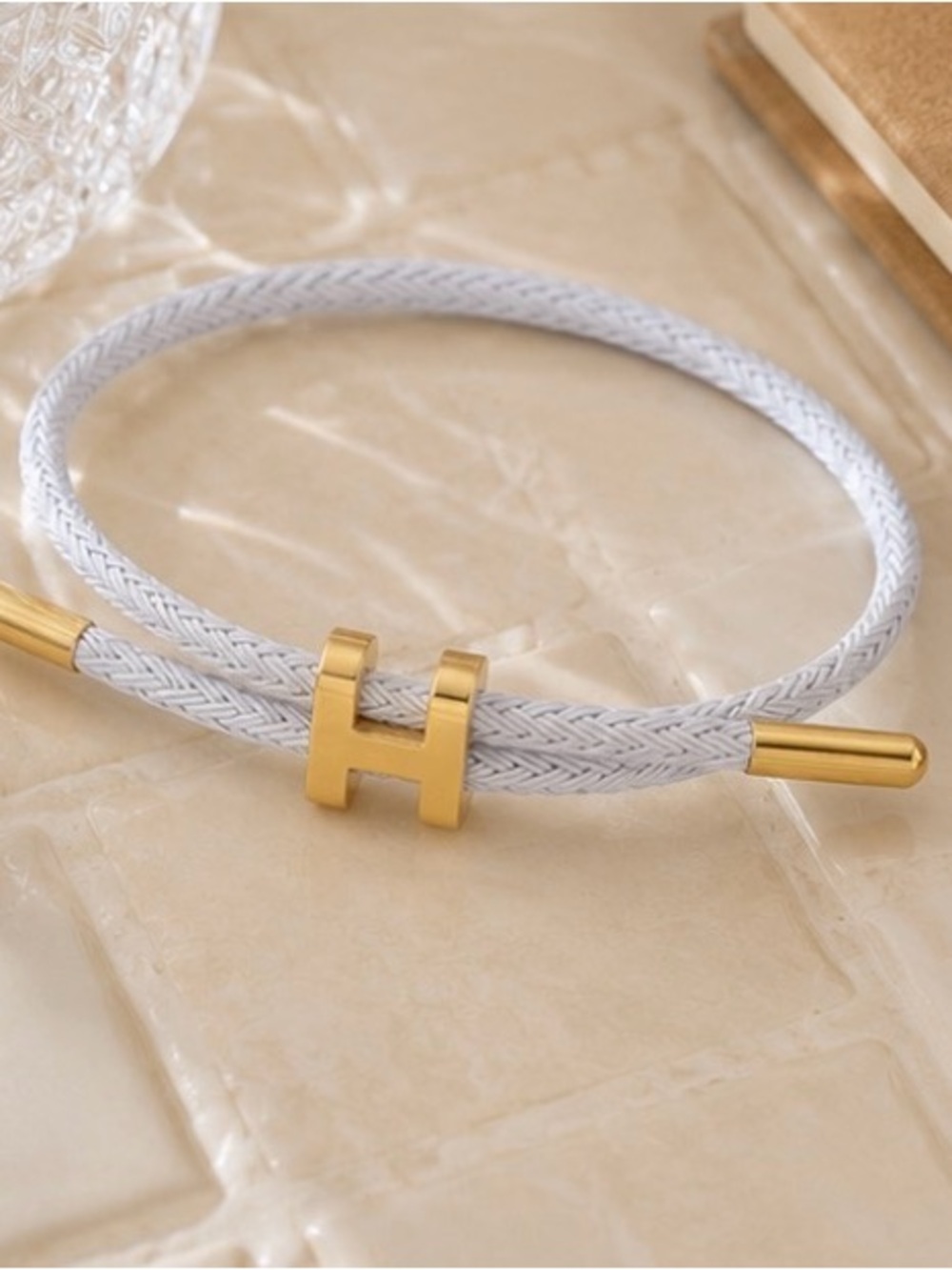 Luxe White Braided Cord Bracelet with Gold H Accent